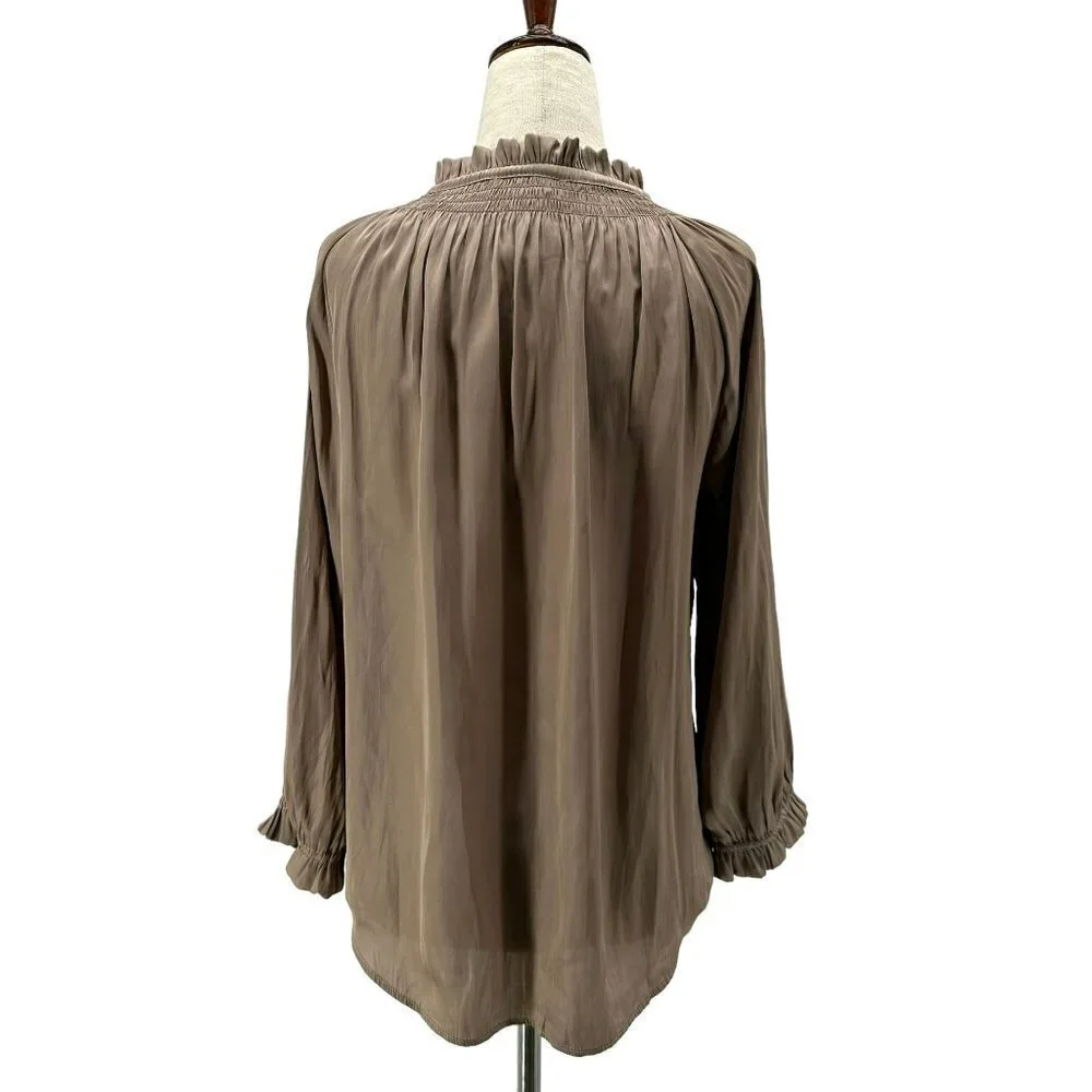 Carmen Marc Valvo Satin Taupe Tan Blouse Top Womens XS - Picture 5 of 7